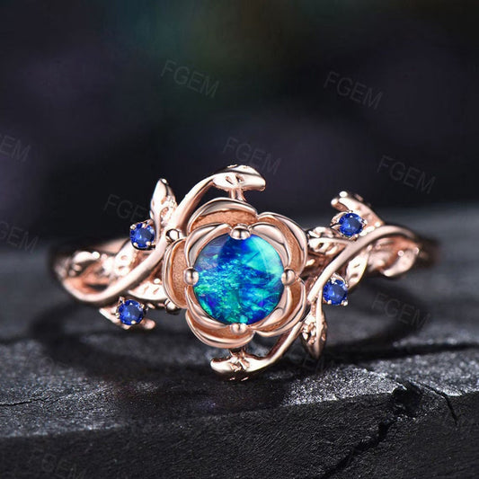 10K Rose Gold Rose Flower Opal Wedding Ring 5mm Round Blue Opal Promise Ring Nature Inspired Floral Branch Blue Sapphire Ring Birthday Gifts