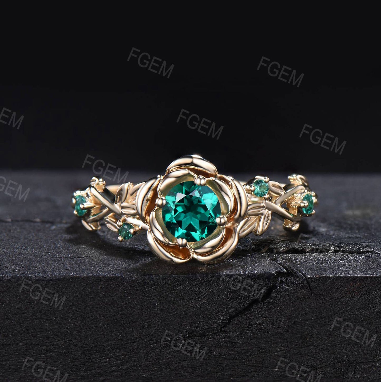 Rose Flower Shaped Ring 5mm Round Green Emerald Wedding Ring Set 10K Rose Gold Nature Inspired Floral Moss Agate Emerald Ring Promise Gift