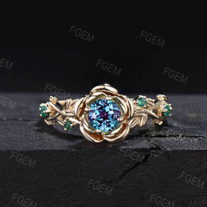 Nature Inspired Rose Flower Color-Change Alexandrite Emerald Engagement Ring Set Rose Gold Floral Leaf Moss Agate Emerald Ring Promise Gift