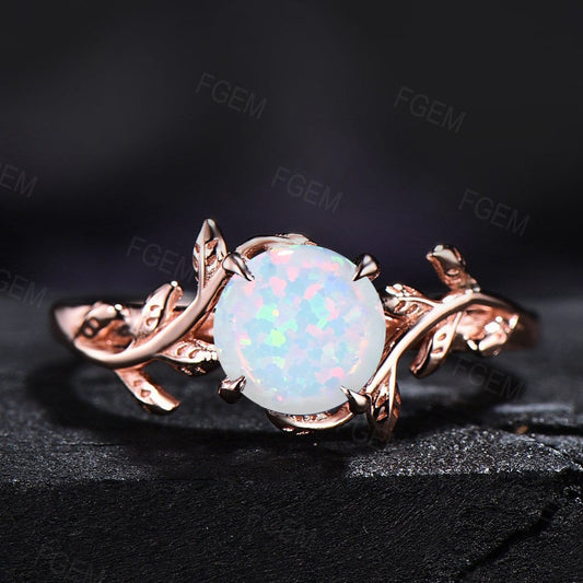Nature Inspired Leaf Opal Ring Sterling Silver White Opal Ring for Women 1ct Round Cut Opal Engagement Ring October Birthstone Birthday Gift