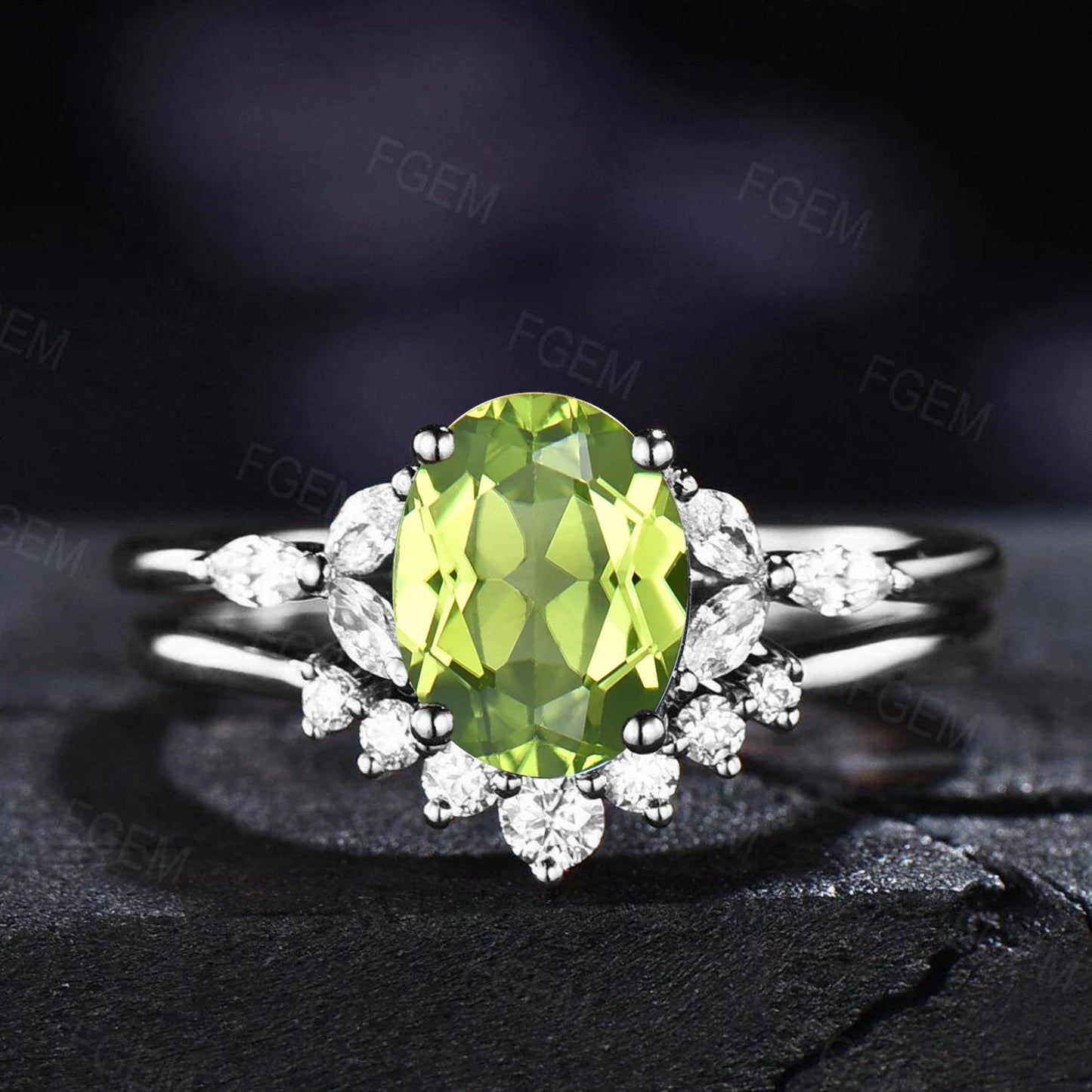 1.5ct Oval Cut Natural Green Peridot Wedding Ring Set Dainty Green Gemstone Jewelry August Birthstone Promise Ring Anniversary Birthday Gift