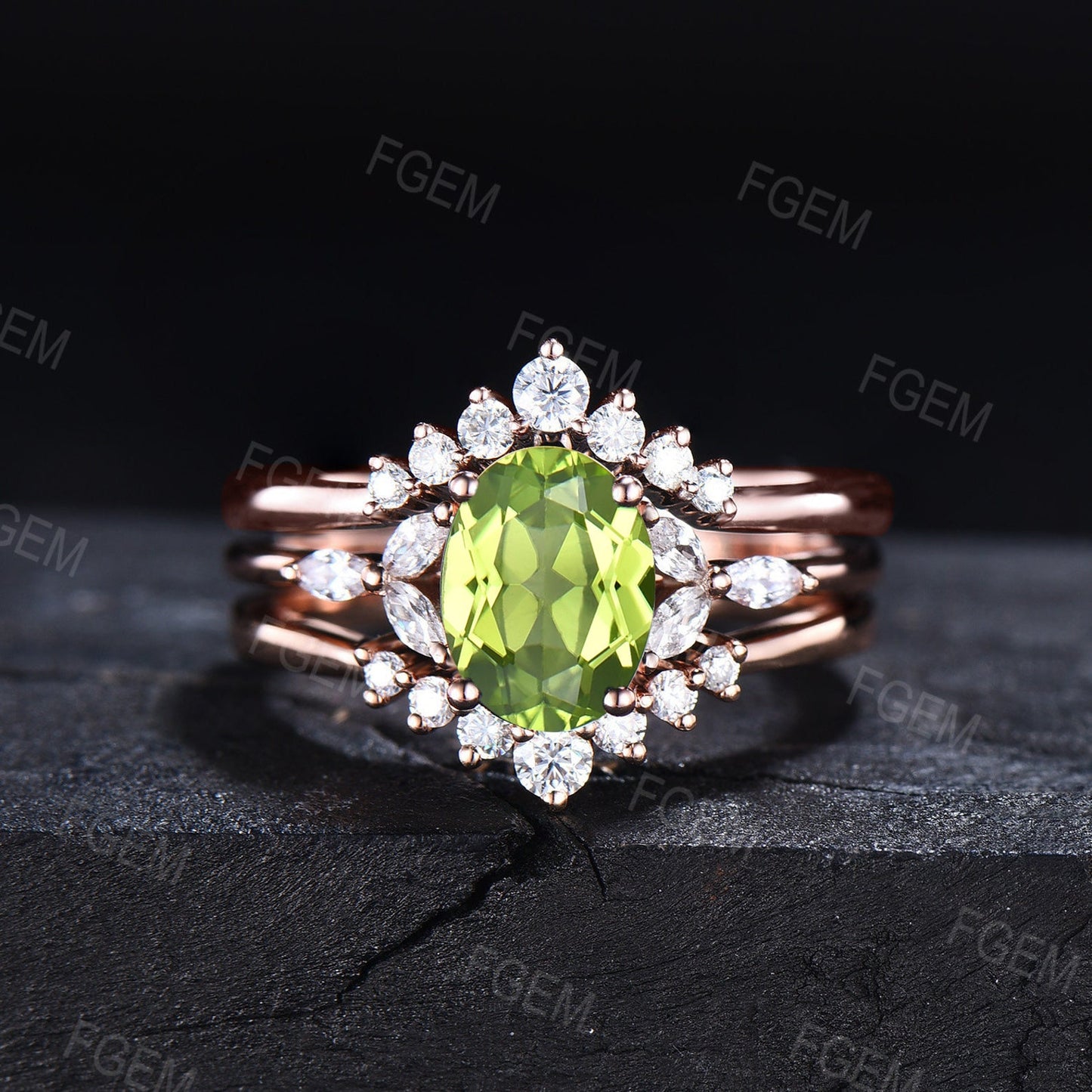 1.5ct Oval Cut Natural Green Peridot Wedding Ring Set Dainty Green Gemstone Jewelry August Birthstone Promise Ring Anniversary Birthday Gift