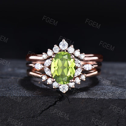 1.5ct Oval Cut Natural Green Peridot Wedding Ring Set Dainty Green Gemstone Jewelry August Birthstone Promise Ring Anniversary Birthday Gift