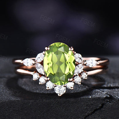 1.5ct Oval Cut Natural Green Peridot Wedding Ring Set Dainty Green Gemstone Jewelry August Birthstone Promise Ring Anniversary Birthday Gift