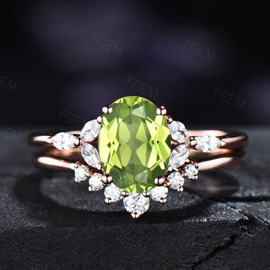 1.5ct Oval Cut Natural Green Peridot Wedding Ring Set Dainty Green Gemstone Jewelry August Birthstone Promise Ring Anniversary Birthday Gift