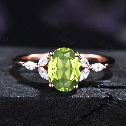 1.5ct Oval Cut Natural Green Peridot Wedding Ring Set Dainty Green Gemstone Jewelry August Birthstone Promise Ring Anniversary Birthday Gift