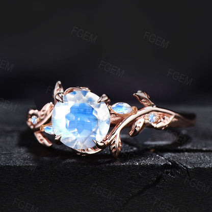 1ct Nature Inspired Branch Natural Rainbow Moonstone Cluster Engagement Ring Vintage Rose Gold Leaf Round Moonstone Wedding Ring Unique Gift