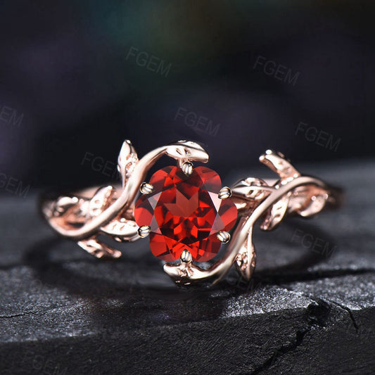 Rose Shaped Natural Garnet Jewelry Rose Gold Nature Inspired Twig Leaf Garnet Engagement Ring January Birthstone Unique Valentine's Day Gift