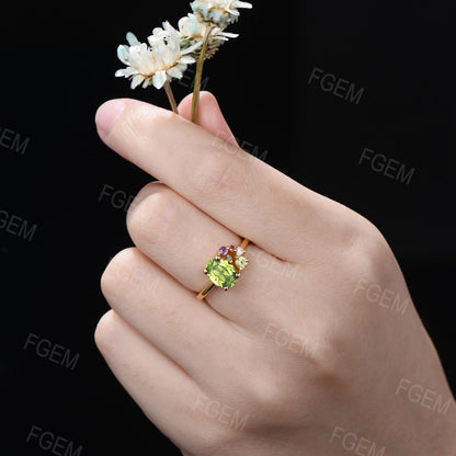 1.5ct Oval Cut Natural August Birthstone Wedding Ring Vintage Green Peridot Cluster Engagement Ring Multi Birthstone Ring Personalized Gift