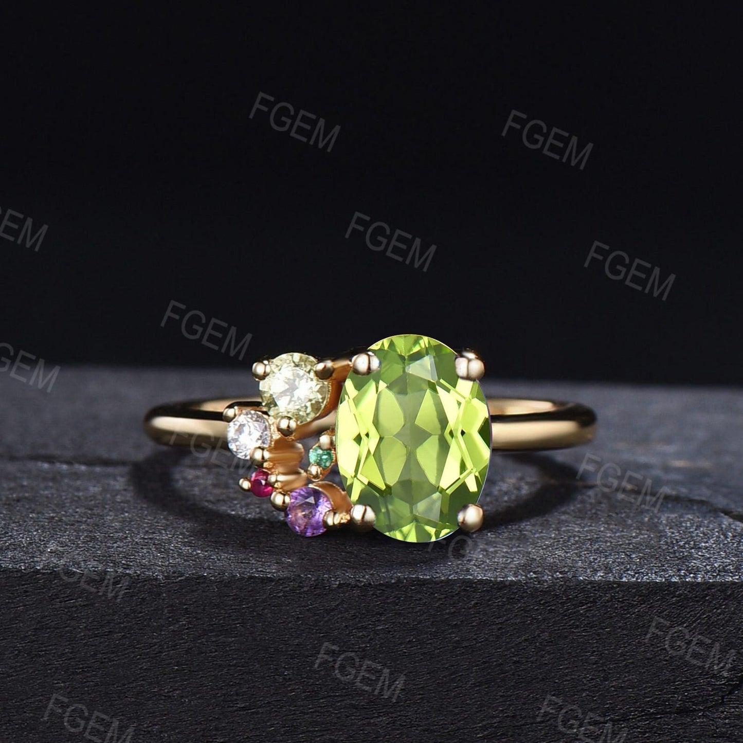 1.5ct Oval Cut Natural August Birthstone Wedding Ring Vintage Green Peridot Cluster Engagement Ring Multi Birthstone Ring Personalized Gift