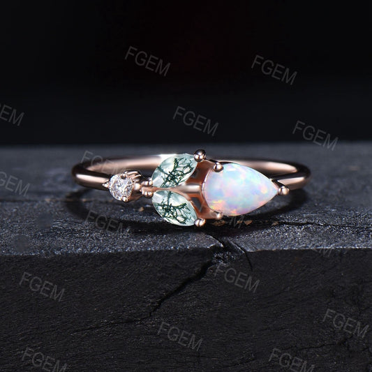Unique Opal Moss Agate Engagement Ring Dainty Pear Opal Ring Marquise Moss Ring October Birthstone Minimalist Wedding Ring Birthday Gifts