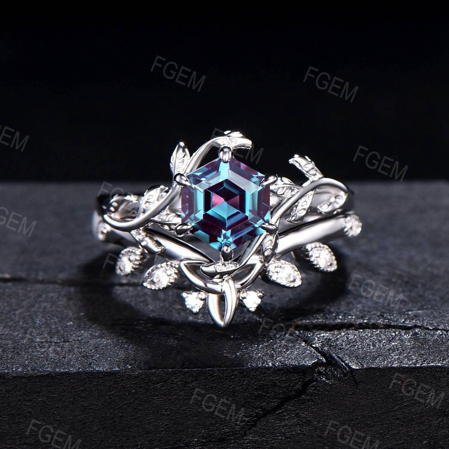 1ct Nature Inspired Ring Set Hexagon Cut Color-Change Alexandrite Engagement Rings hotsell Leaf Vine Ring Set Unique Solitaire Ring Wedding Gifts