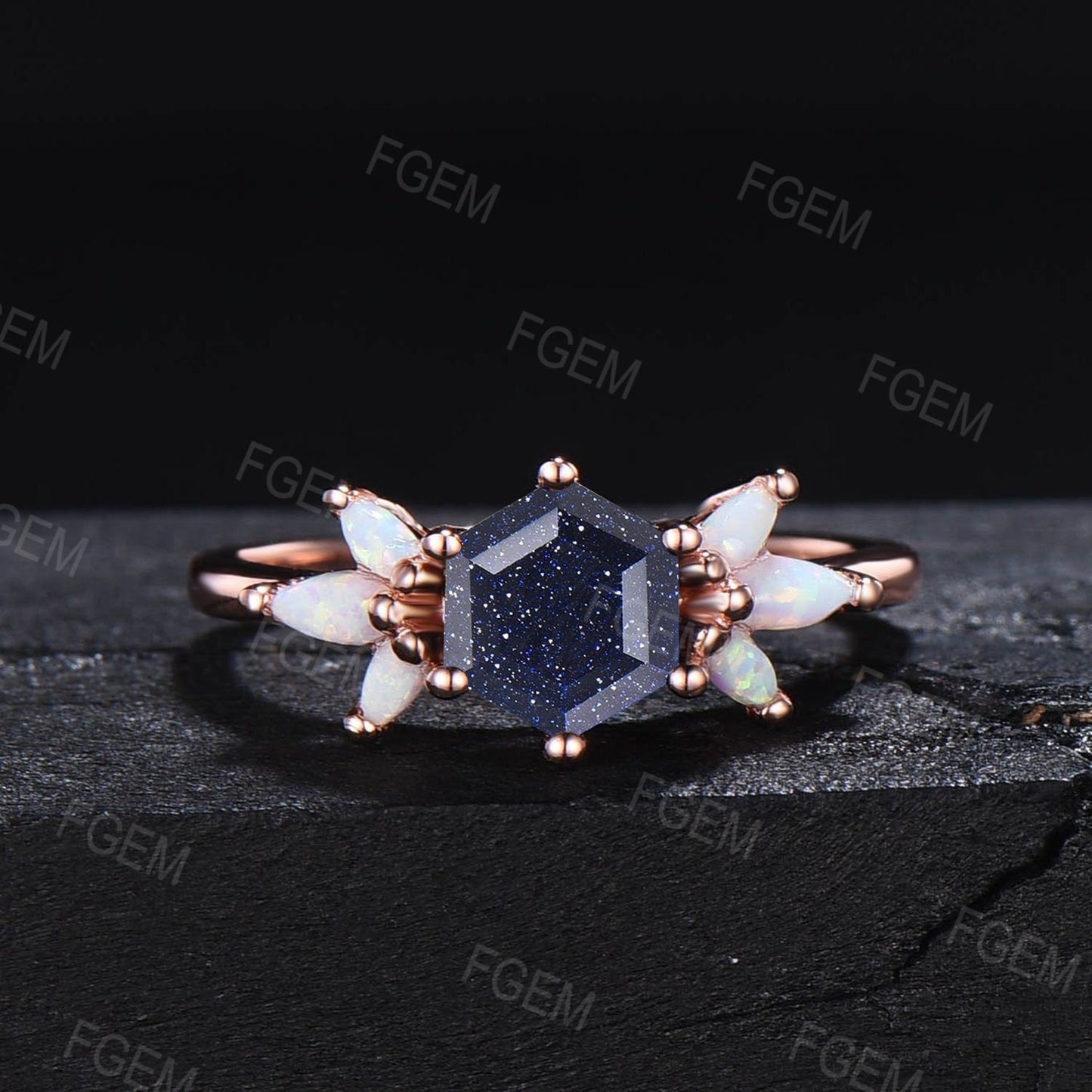 1ct Hexagon Cut Galaxy Blue Sandstone Opal Cluster Engagement Ring Blue Goldstone Wedding Ring Unique October Birthstone Birthday Gift Women