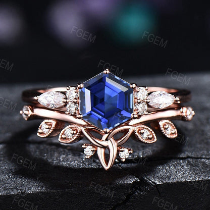 Hexagon Cut Blue Sapphire Ring Set 2pc Sterling Silver Hypoallergenic Promise Ring Birthday Anniversary Gift Blue Sapphire Celtic Bridal Set