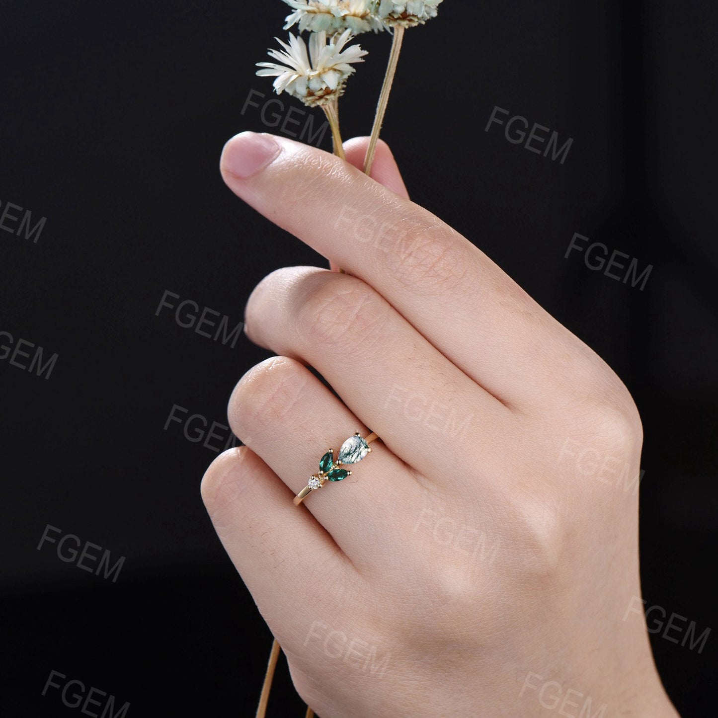 Green Moss Agate Proposal Ring Rose Flower Promise Ring Pear Natural Moss Agate Ring May Birthstone Minimalist Floral Emerald Wedding Rings