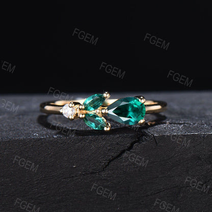 Rose Flower Green Emerald Promise Ring Dainty East West Teardrop Shaped Emerald Ring May Birthstone Minimalist Floral Emerald Wedding Rings