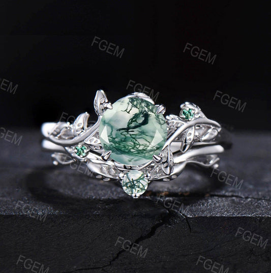 1ct Round Cut Natural Moss Agate Engagement Rings Set 14K White Gold Branch Cluster Emerald Rings Unique Leaf Wedding Ring Anniversary Gifts