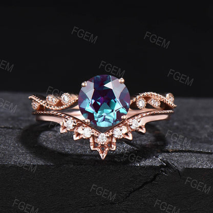 1ct Round Cut Alexandrite Engagement Ring Set Color Changing Gemstone Lace Milgrain Ring Anniversary/Birthday Gift June Birthstone Ring Set