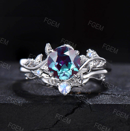 1ct Round Cut Nature Inspired Alexandrite Ring Set Moonstone Wedding Ring Leaf Vine Ring Set Unique Branch Design Promise Anniversary Gifts