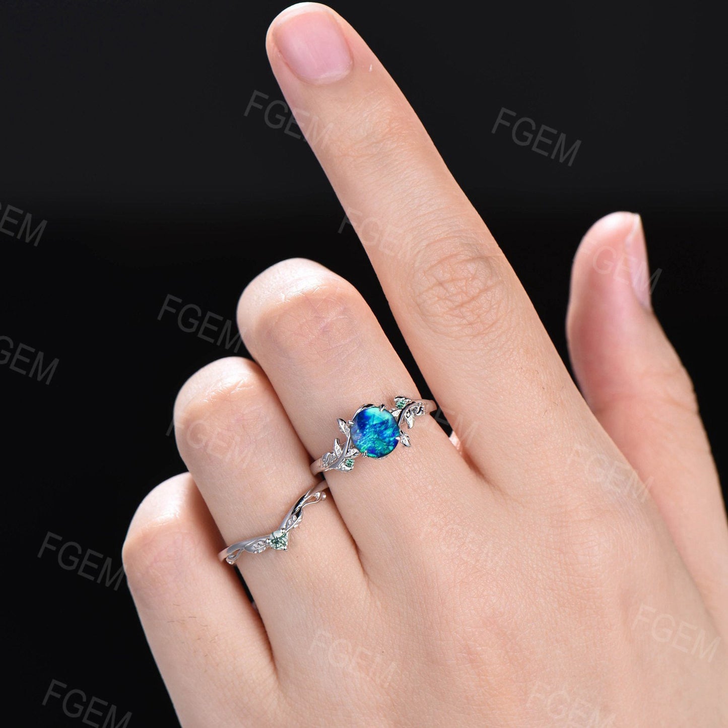 10K White Gold 1ct Round Cut Leaf Blue Fire Opal Emerald Engagement Ring Set Moss Agate Wedding Ring Twig Nature Inspired Opal Promise Ring