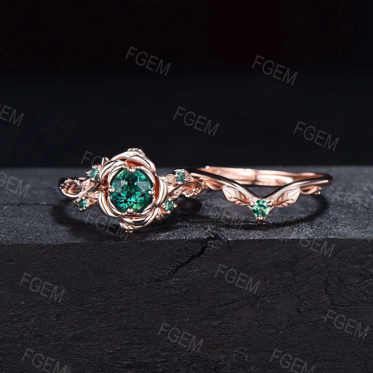 Green Emerald Floral Wedding Ring Set 5mm Round Cut Nature Inspired Branch Rose Flower Emerald Engagement Ring Set May Birthstone Bridal Set