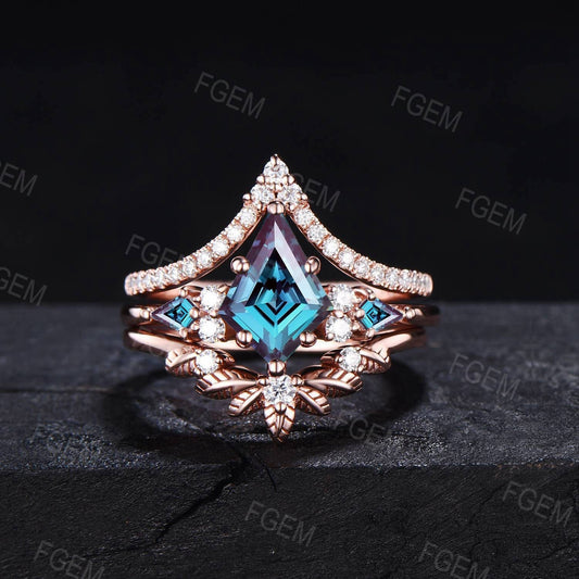 Kite Color-Change Alexandrite Engagement Ring Set Vintage 14K Solid Rose Gold June Birthstone Leaf Nature Wedding Rings Unique Promise Gift