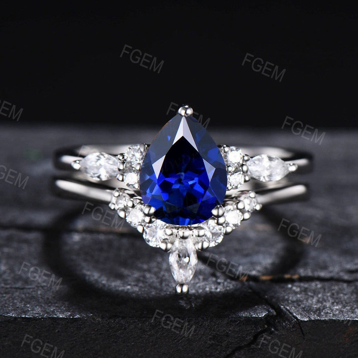 Sterling Silver Blue Sapphire Engagement Ring Set Vintage 1.25ct Pear Shaped Blue Sapphire Bridal Set September Birthstone Gift Promise Ring