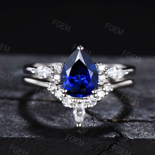 Sterling Silver Blue Sapphire Engagement Ring Set Vintage 1.25ct Pear Shaped Blue Sapphire Bridal Set September Birthstone Gift Promise Ring