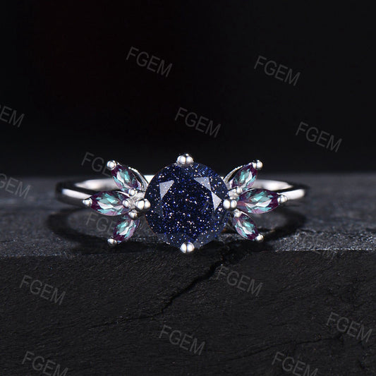 1.2ct Round Galaxy Blue Sandstone Alexandrite Cluster Engagement Ring Blue Goldstone  Wedding Ring June Birthstone Birthday/Anniversary Gift