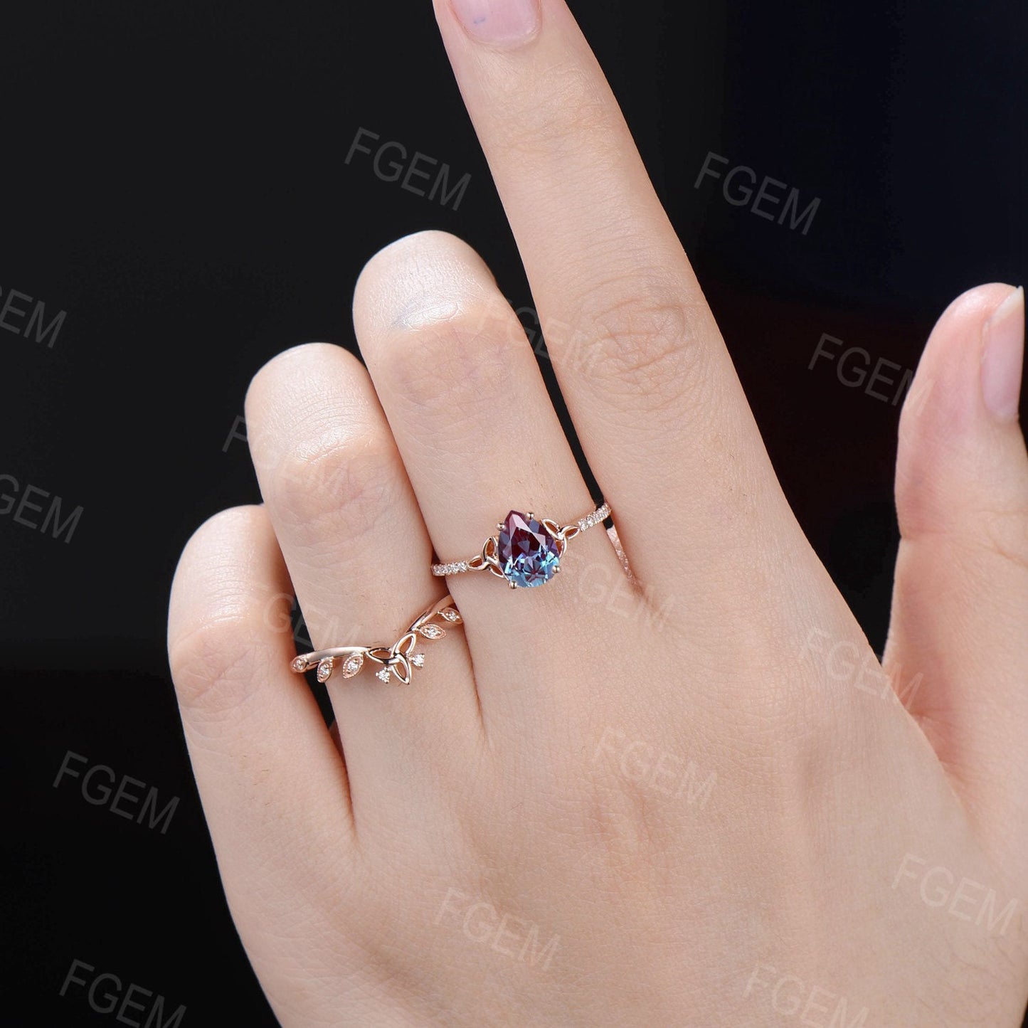 1.25ct Pear Cut Color-Change Alexandrite Engagement Ring Set Half Eternity Moissanite Band Trinity Knot Wedding Ring Alexandrite Bridal Set