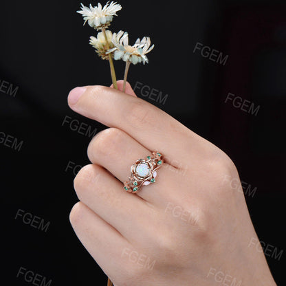 Nature Inspired 5mm Round Cut White Opal Emerald Engagement Ring Set 10K Rose Gold Twist Leaf Vine Rose Flower Floral Opal Wedding Ring Set