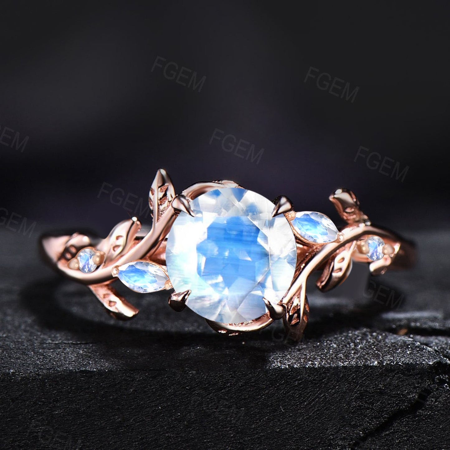 1ct Nature Inspired Branch Natural Rainbow Moonstone Cluster Engagement Ring Vintage Rose Gold Leaf Round Moonstone Wedding Ring Unique Gift