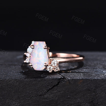 Coffin Shaped White Opal Ring for Women Rose Gold Ring Coffin Opal Engagement Ring Moissanite Cluster Ring October Birthstone Jewelry Gifts
