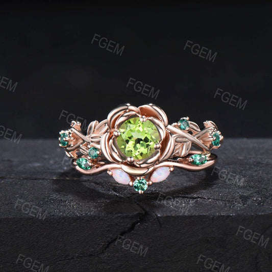 5MM Round Natural Peridot Emerald Opal Wedding Ring Set Green Gemstone Jewelry Branch Rose Flower Peridot Ring Set Nature Engagement Rings