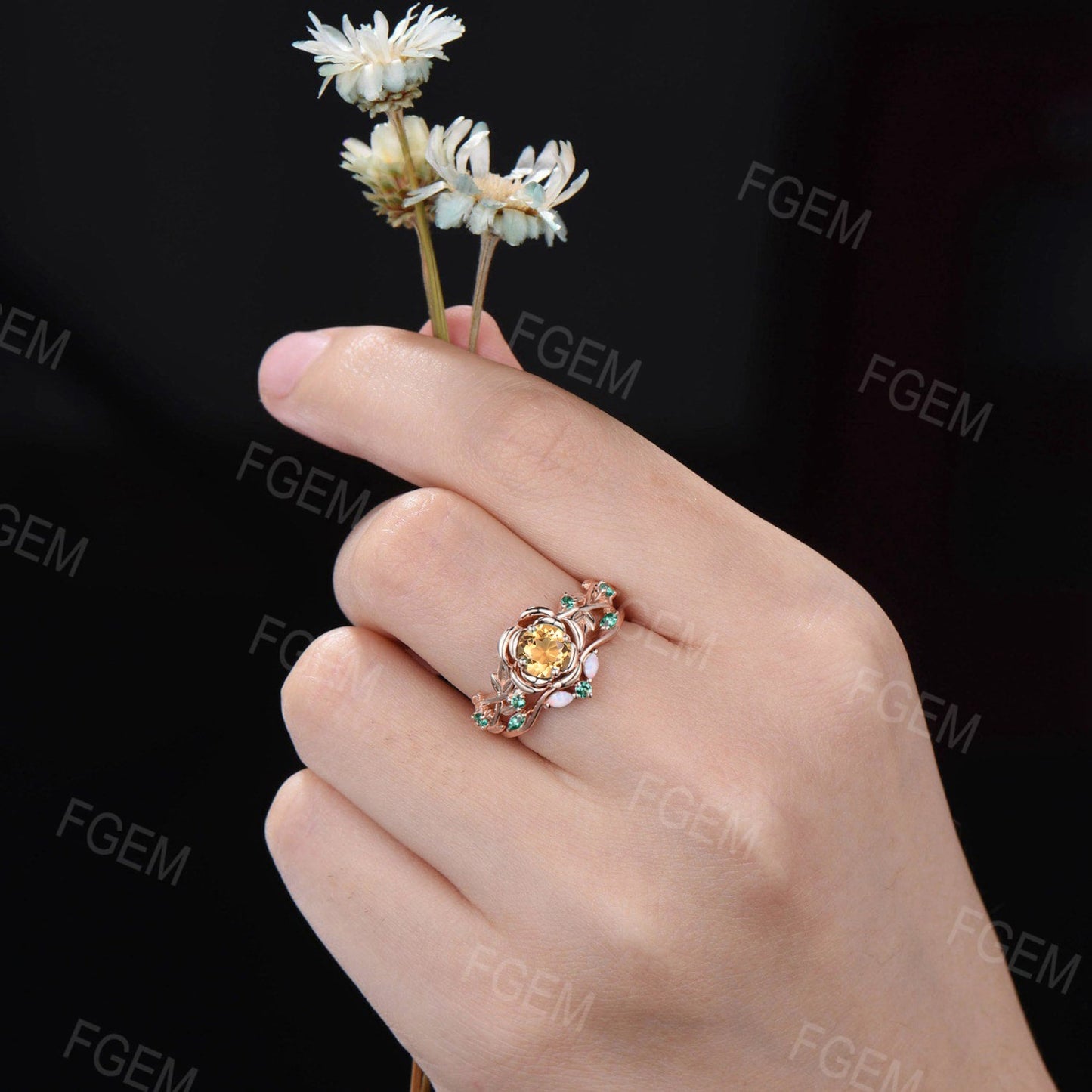 5MM Round Cut Nature Inspired Rose Flower Natural Yellow Citrine Emerald Engagement Ring Set Emerald Opal Floral Wedding Ring Set for Women