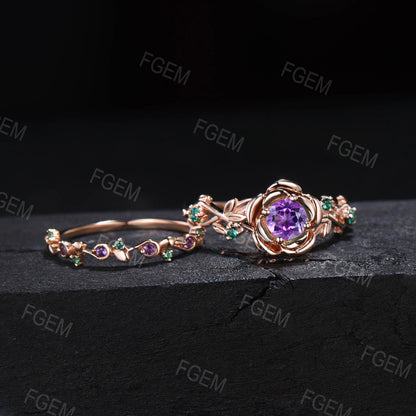 Rose Flower Natural Amethyst Bridal Set Leaf Nature Inspired Round Emerald Amethyst Engagement Ring Set Real Crystal Twig Vine Wedding Ring
