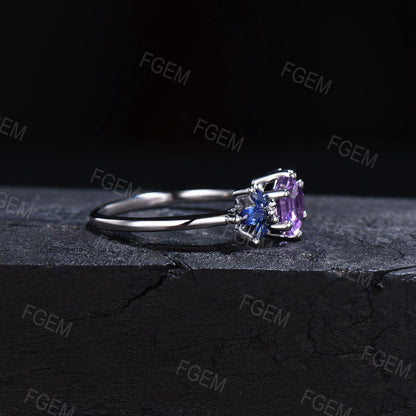 1ct Hexagon Cut Natural Amethyst Promise Ring for Women Rose Gold Purple Crystal Ring Blue Sapphire Wedding Ring February Birthstone Jewelry