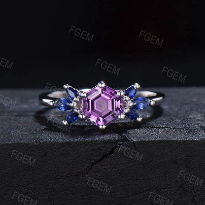 1ct Hexagon Cut Natural Amethyst Promise Ring for Women Rose Gold Purple Crystal Ring Blue Sapphire Wedding Ring February Birthstone Jewelry