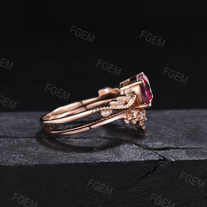 1ct Round Cut Ruby Engagement Ring Set Red Gemstone Jewelry Lace Milgrain Ring Anniversary/Birthday Gifts July Birthstone Wedding Ring Set