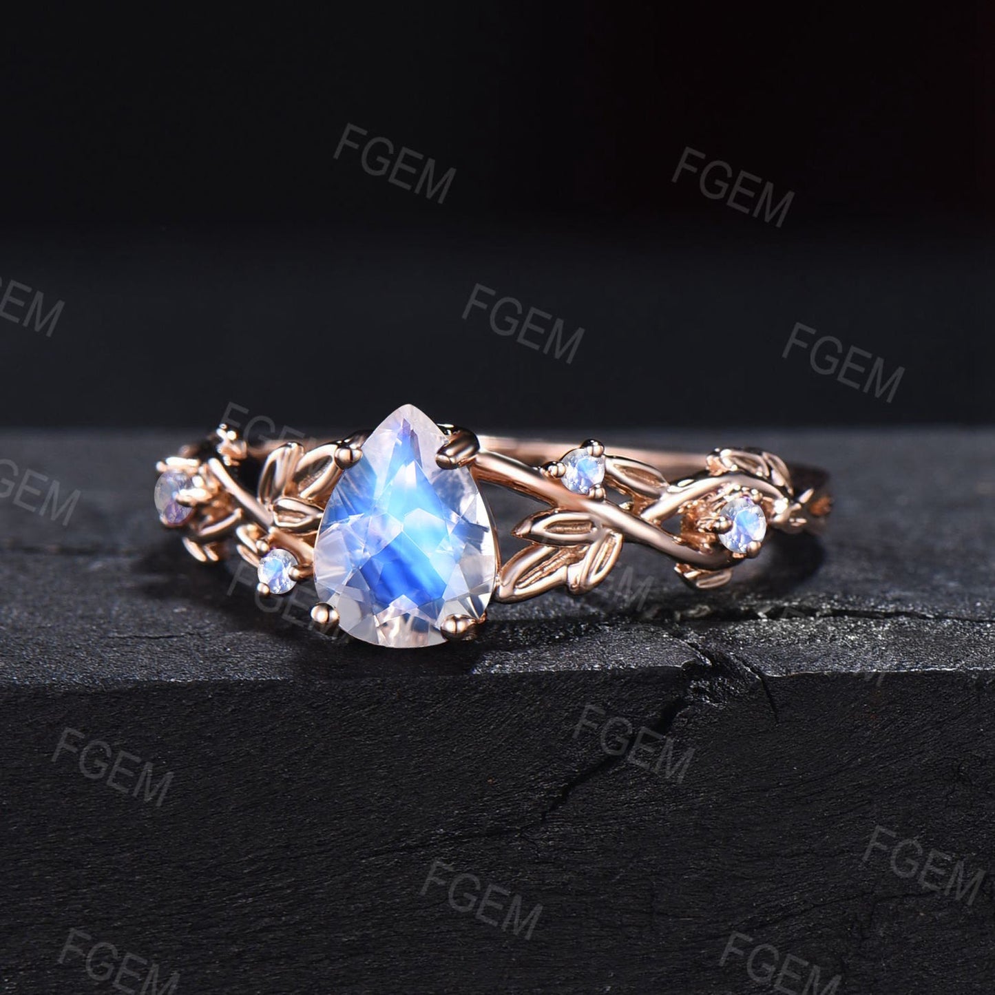 1.25ct Teardrop Natural Rainbow Moonstone Engagement Ring 10K Rose Gold Twist Branch Cluster Moonstone Leaf Wedding Ring Promise Gift Women