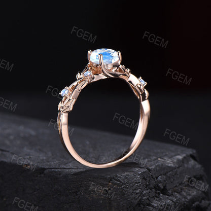 1.25ct Teardrop Natural Rainbow Moonstone Engagement Ring 10K Rose Gold Twist Branch Cluster Moonstone Leaf Wedding Ring Promise Gift Women