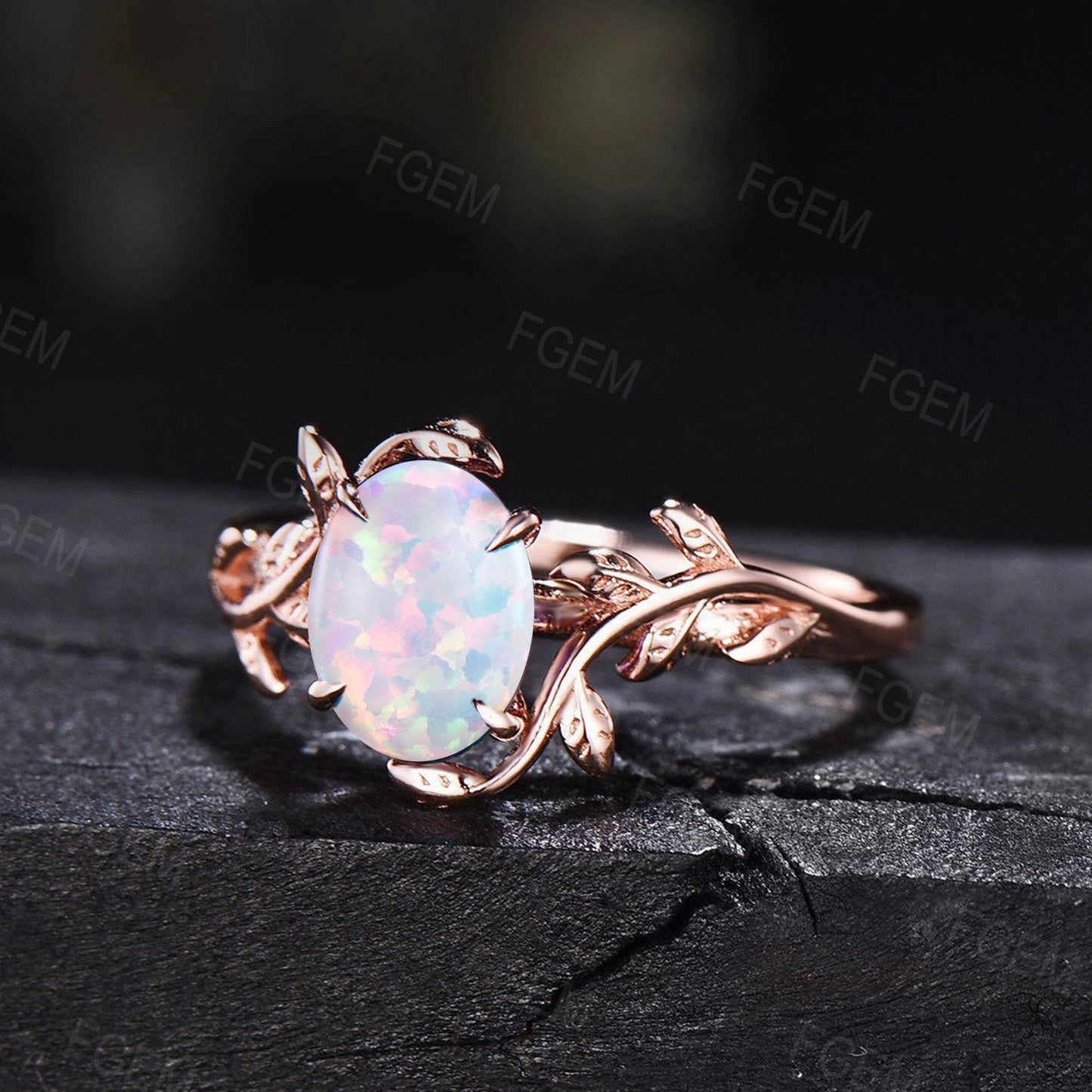 Sterling Silver White Opal Ring for Women 1.5ct Oval Cut Opal Engagement Ring Nature Inspired Leaf Opal Ring October Birthstone Jewelry Gift