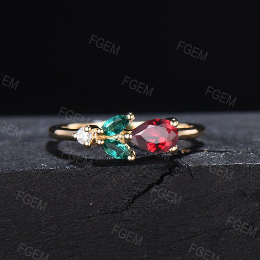 Unique Emerald Ruby Proposal Ring Dainty Rose Flower Promise Ring Pear Cut Red Ruby Ring July Birthstone Minimalist Floral Wedding Ring Gift