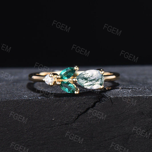 Green Moss Agate Proposal Ring Rose Flower Promise Ring Pear Natural Moss Agate Ring May Birthstone Minimalist Floral Emerald Wedding Rings