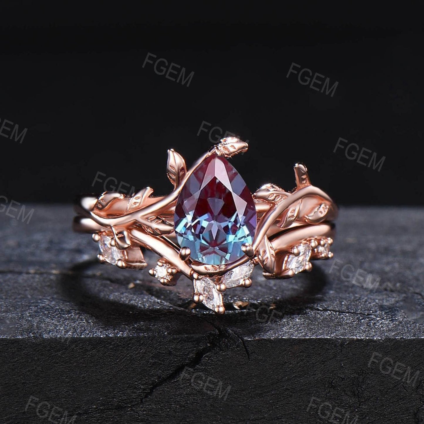 Nature Inspired Pear Alexandrite Engagement Ring Leaf Vine Ring Set Unique 1.25ct Branch Alexandrite Solitaire Ring Wedding Anniversary Gift