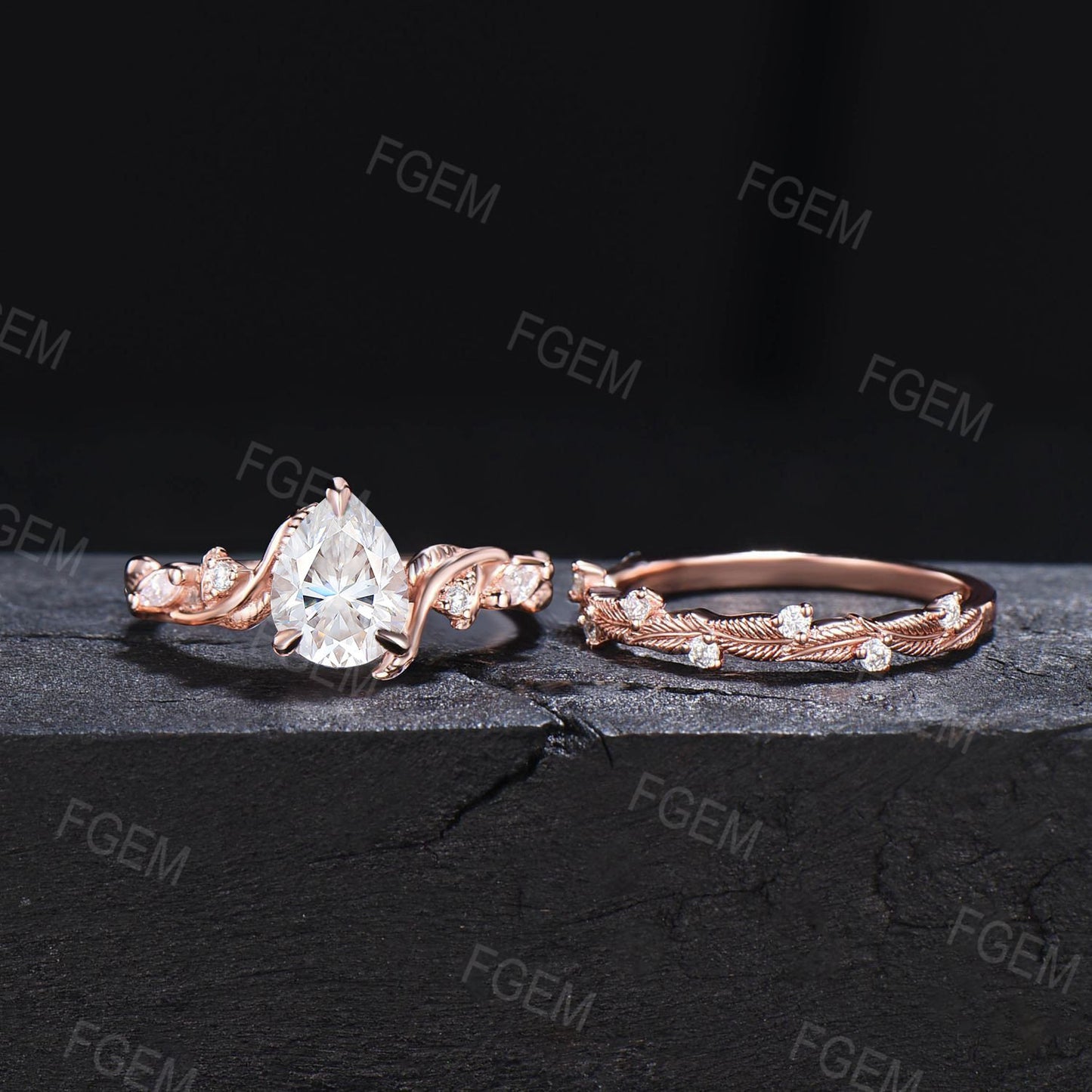 Nature Inspired Moissanite Engagement Ring Set Twist Band 1.25ct Pear Moissanite Diamond Wedding Ring Set Twig Vine Ring Branch Bridal Set