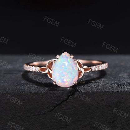 Pear White Opal Celtic Engagement Ring Set Half Eternity Moissanite Band Moissanite Diamond Trinity Knot Wedding Ring Leaf Opal Bridal Set