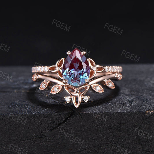 1.25ct Pear Cut Color-Change Alexandrite Engagement Ring Set Half Eternity Moissanite Band Trinity Knot Wedding Ring Alexandrite Bridal Set