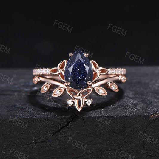 1.25ct Pear Cut Galaxy Starry Sky Blue Sandstone Ring Set Half Eternity Moissanite Band Trinity Knot Wedding Ring Blue Goldstone Bridal Set