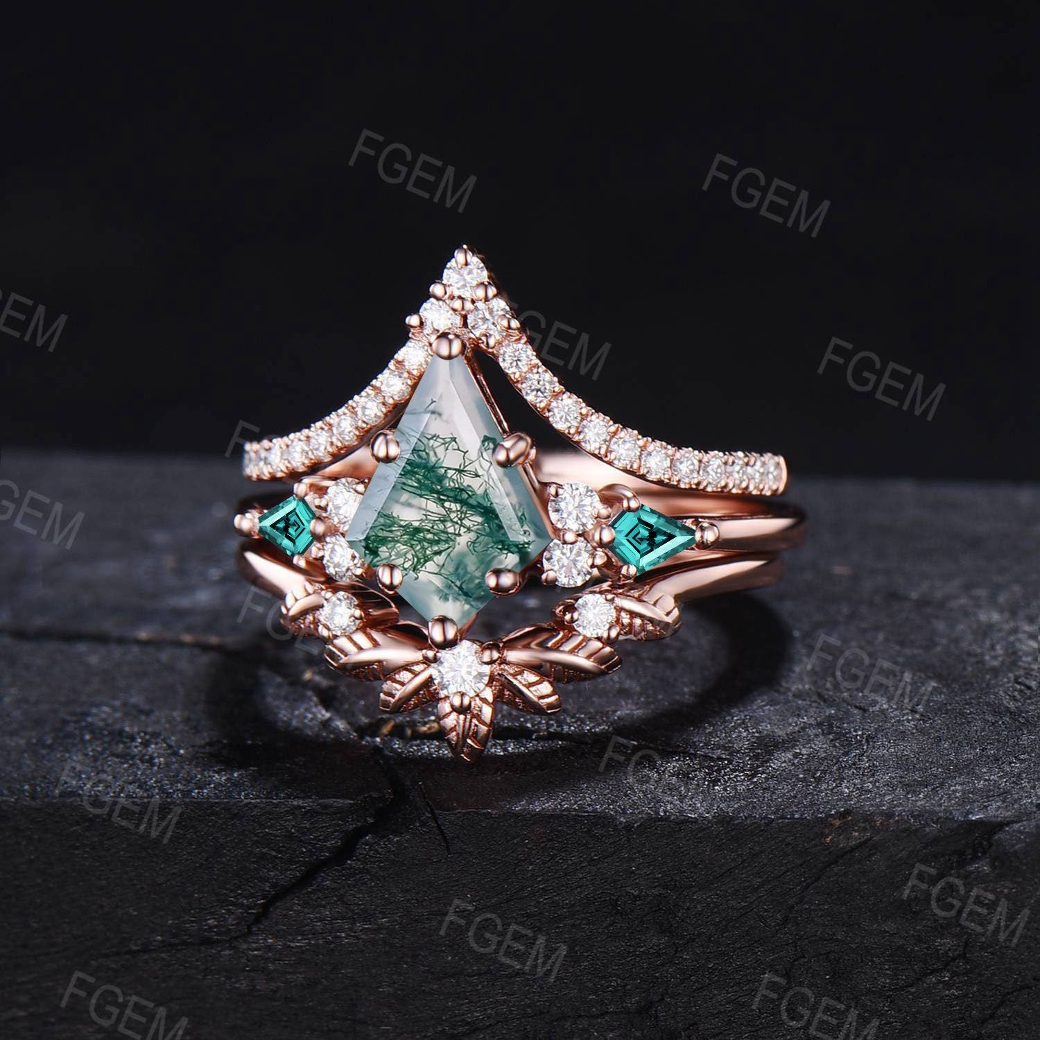Kite Cut Natural Moss Agate Engagement Ring Set Leaf Wedding Band